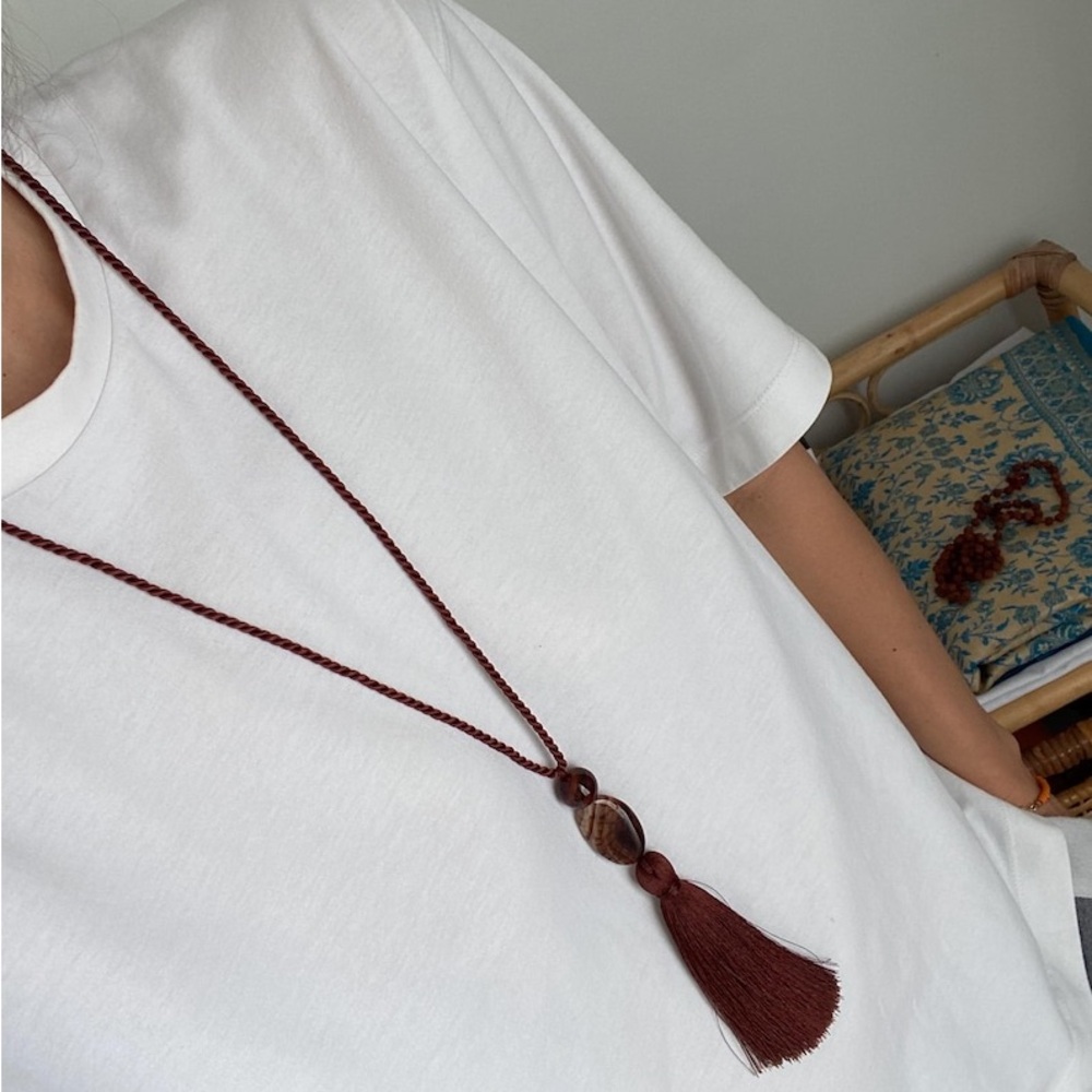 Burgundy Beaded Tassel Necklace